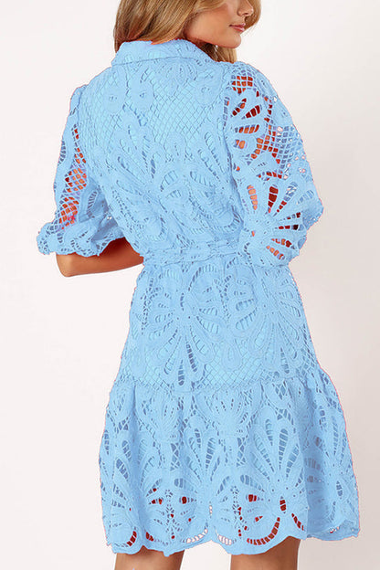 JO | Solid color lace neckline balloon sleeves and waist tie mini dress