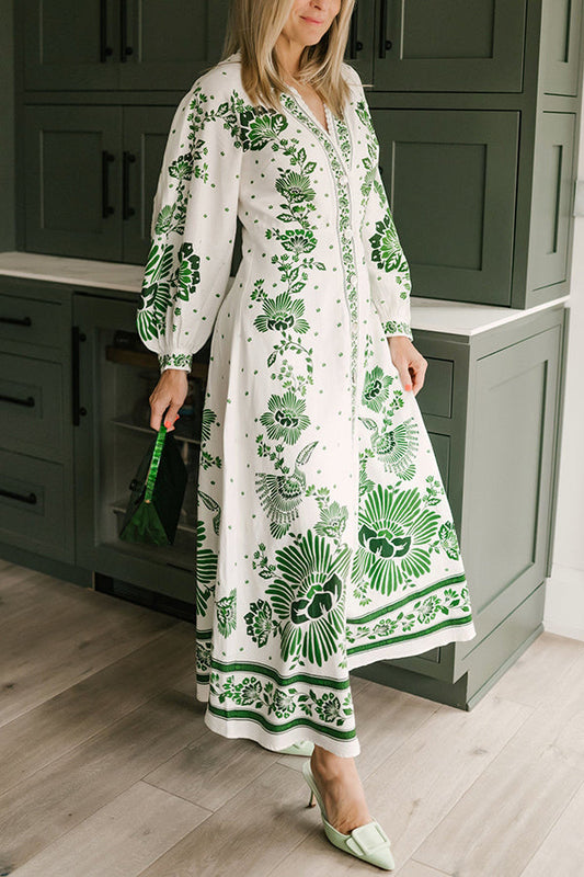 JO | Unique print button down long sleeve shirt maxi dress