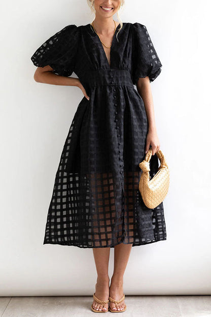 JO | Remarkable Beauty Square Patterned Fabric Puff Sleeve Party Midi Dress