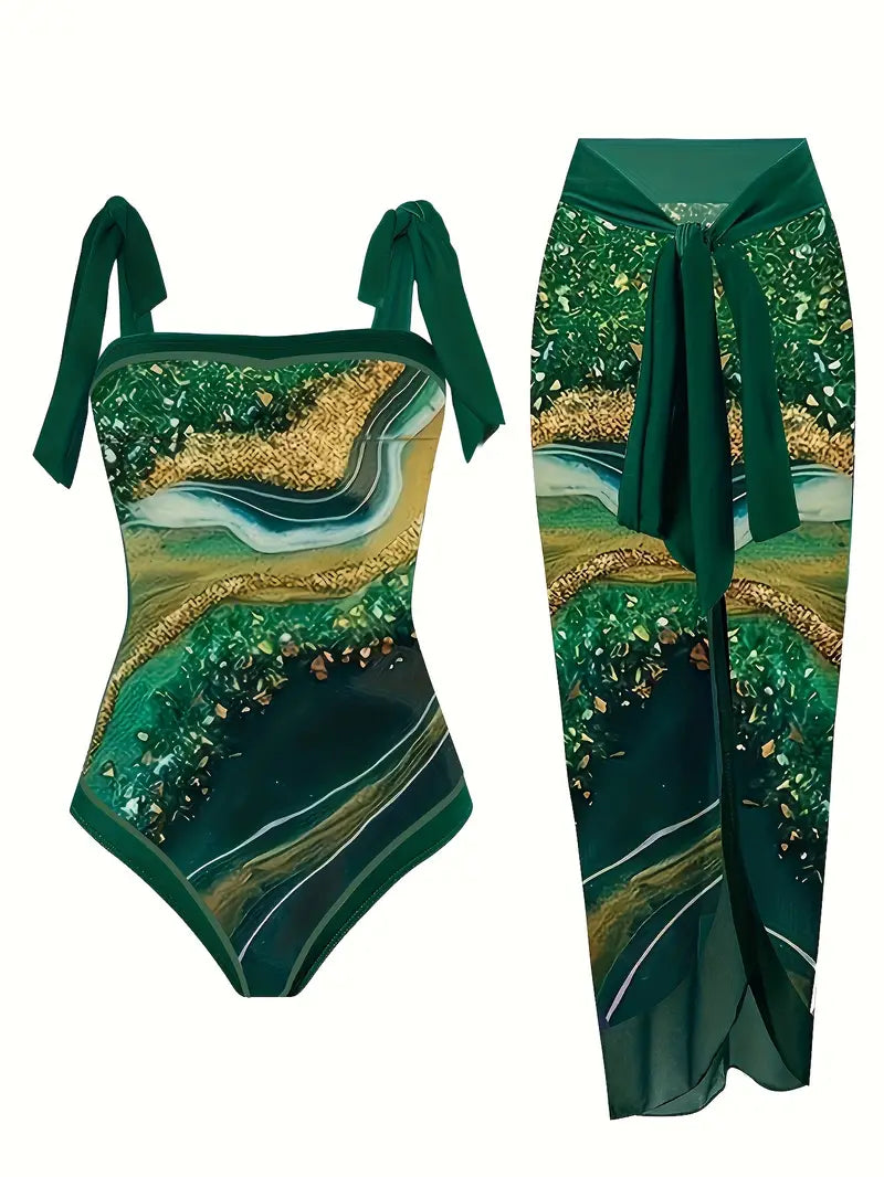 JO | Elegant swimsuit & skirt with marble print in one piece
