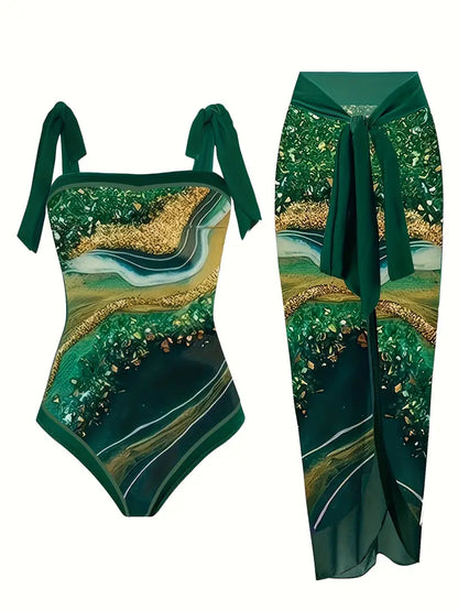 JO | Elegant swimsuit & skirt with marble print in one piece