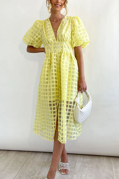 JO | Remarkable Beauty Square Patterned Fabric Puff Sleeve Party Midi Dress