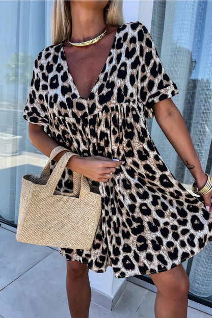 JO | Khaki leopard print backless V-neck mini dress in a loose fit