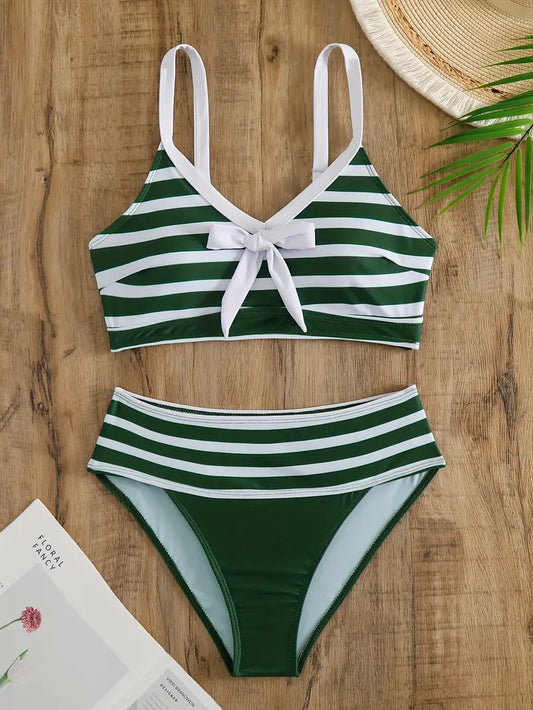 JO | Sexy striped print bow knot V-neck bikini