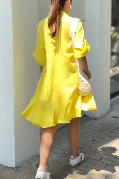 JO | Solid Color Casual Lapel Bag Ruffle Loose Mini Dress