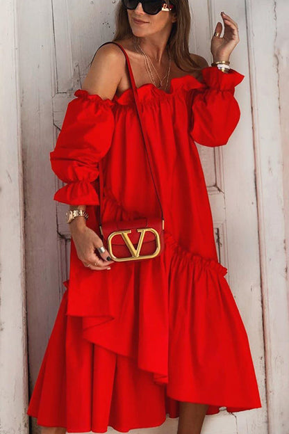 JO | Fionna Off Shoulder Ruffle Irregular Trim Loose Midi Dress