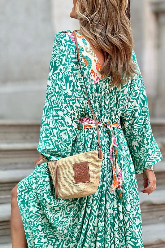 JO | Ledell Green maxi dress with V-neck and totem print