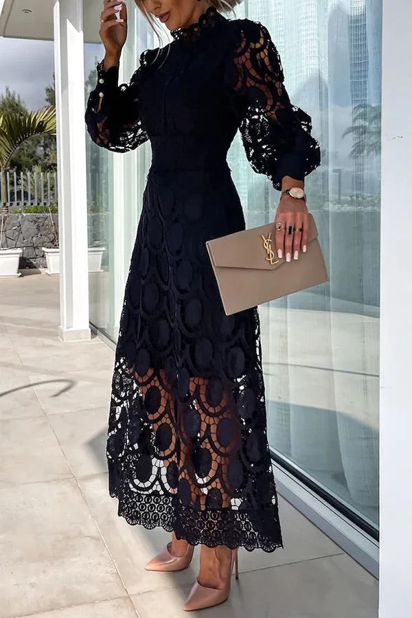 JO | Romantic, Sensual and Elegant Crochet Lace Lantern Sleeve Party Midi Dress