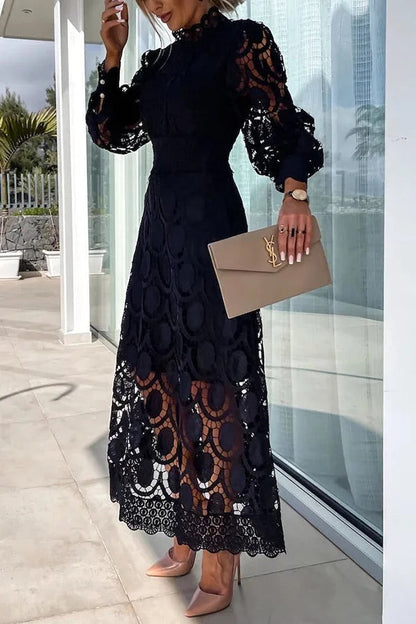 JO | Romantic, Sensual and Elegant Crochet Lace Lantern Sleeve Party Midi Dress