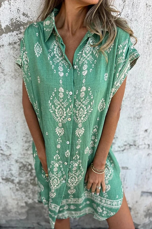 JO | Linen Blend Unique Print Lapel Casual Pocket Mini Dress