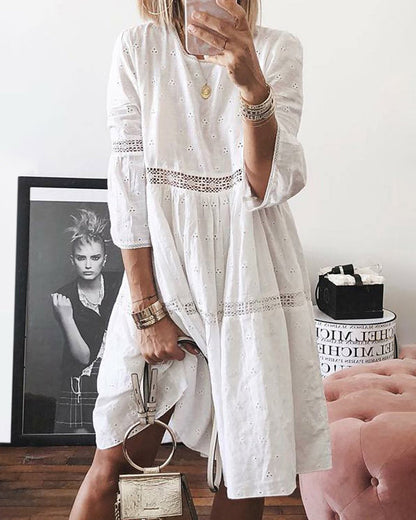 JO | Boho Solid Neckline Hollow Back 3/4 Sleeve Midi Dresses