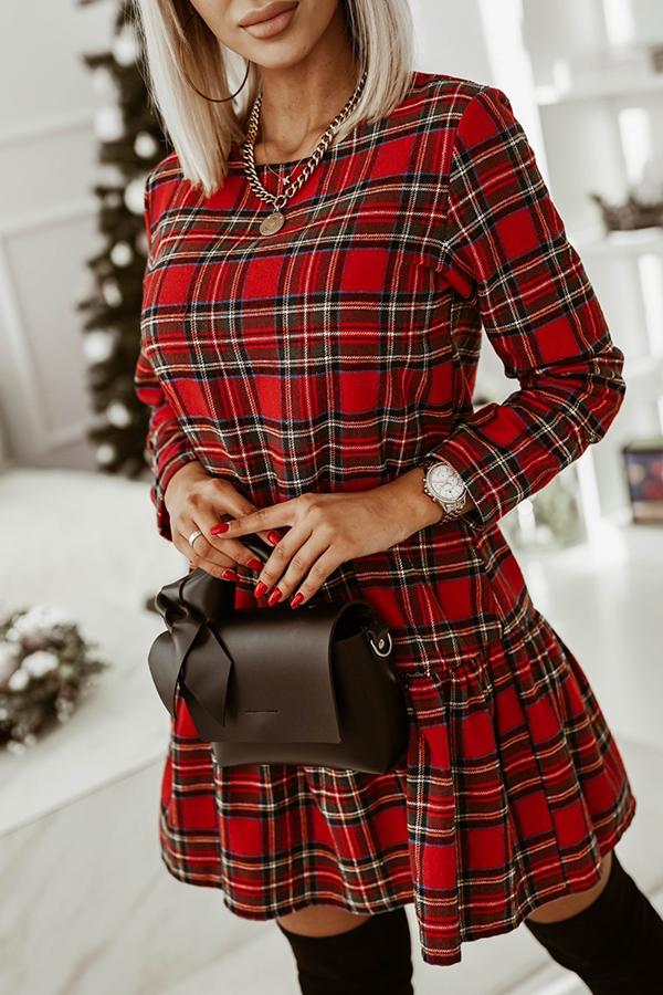JO | Fashionable check pattern long sleeves round neckline slim mini dress