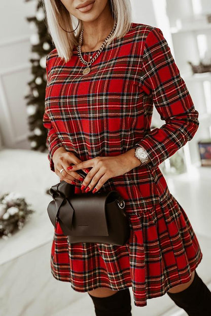 JO | Fashionable check pattern long sleeves round neckline slim mini dress