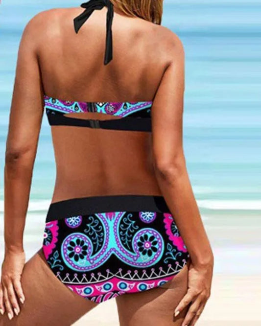 JO | Plus Size Vintage Floral Print Lace Up Halter V-Neck Sexy Bikini Set
