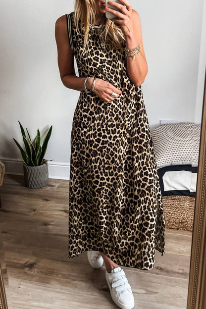 JO | Black contrast striped leopard print sleeveless midi dress