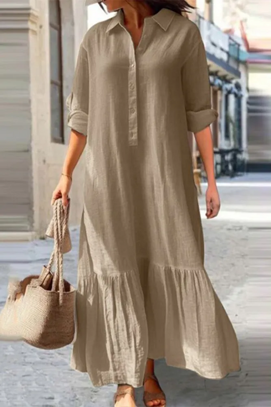 JO | Casual vintage solid button flounce turn-down collar shirt dresses