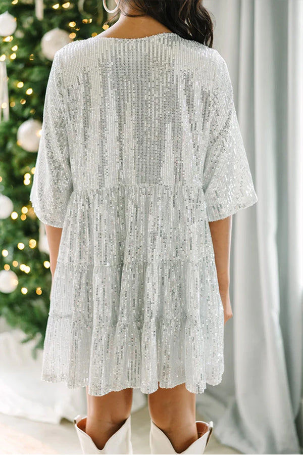 JO | Silver Party Sequins Half Sleeve Round Neck Mini Dress