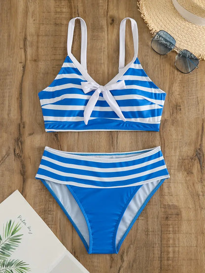JO | Sexy striped print bow knot V-neck bikini