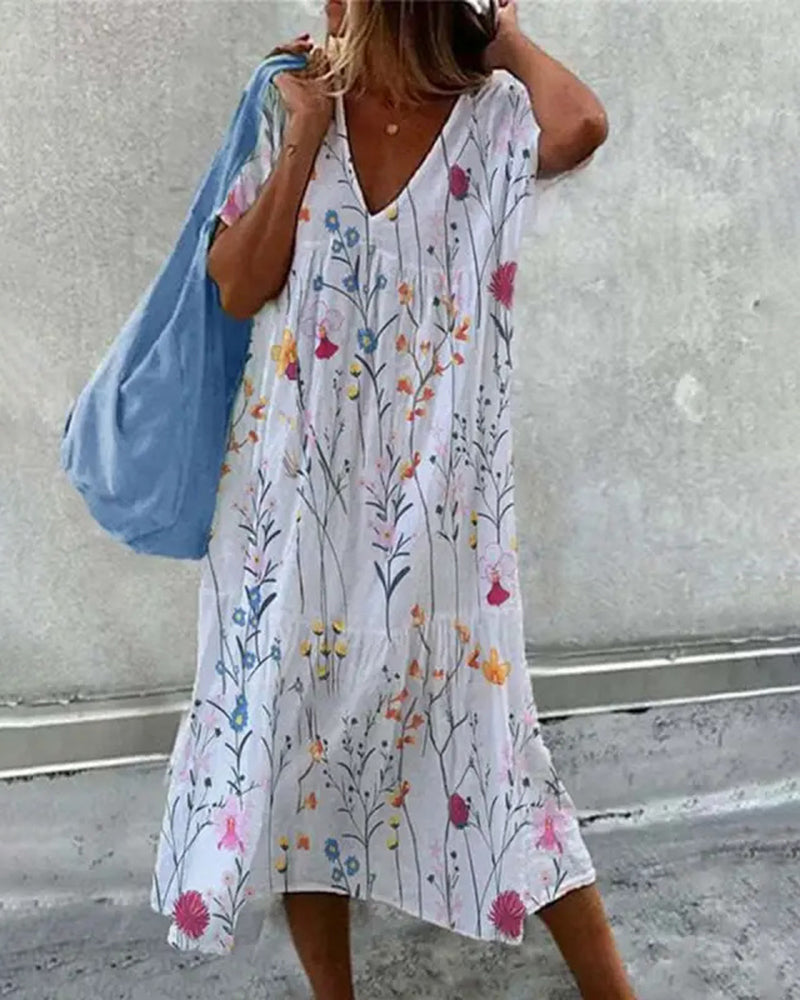 JO | Baggy Floral Print Swing Midi Dress Short Sleeve Casual Beach Sundress