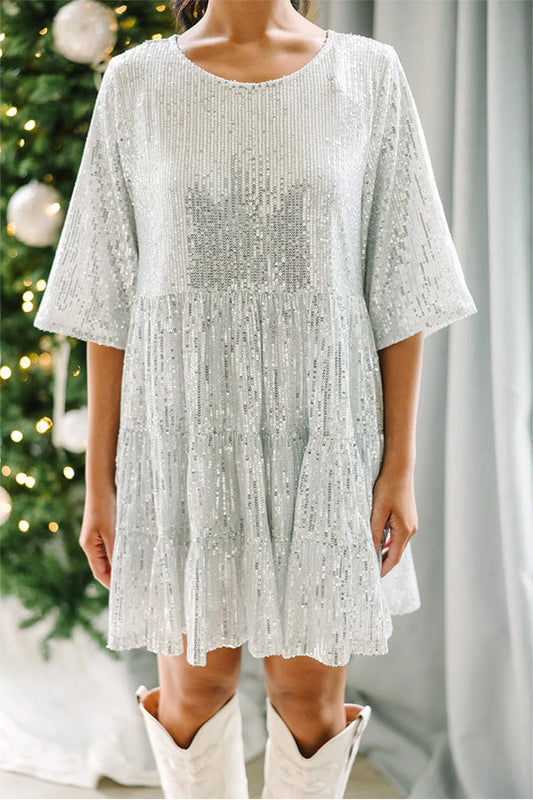 JO | Silver Party Sequins Half Sleeve Round Neck Mini Dress