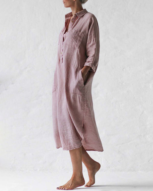 JO | Casual Button Raglan Long Sleeve Pockets Loose Shirt Dress Lounge Midi Dresses Beach Cover Up