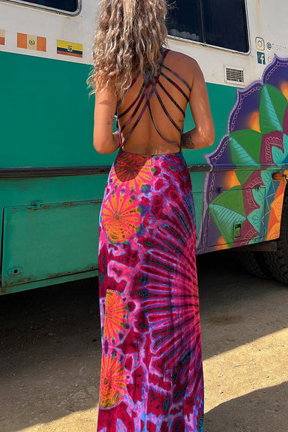 JO | La Bamba tie-dye print back lace-up stretch maxi dress