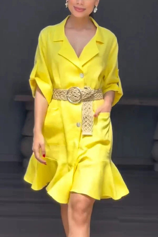 JO | Solid Color Casual Lapel Bag Ruffle Loose Mini Dress