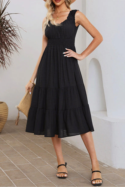 JO | Black sleeveless ruffled midi dress with ruffles and U-neckline
