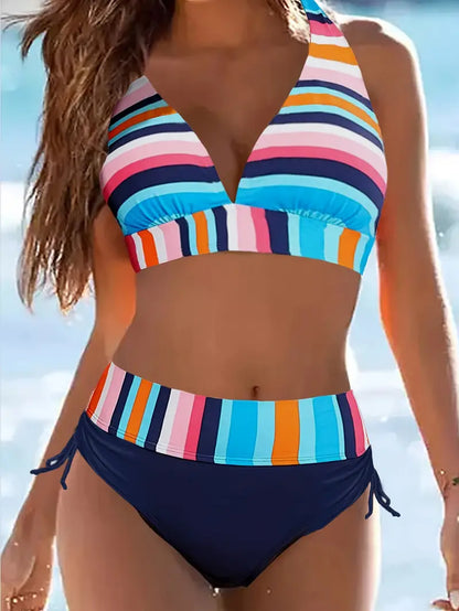 JO | Colorful stripe print halter bikini with drawstring