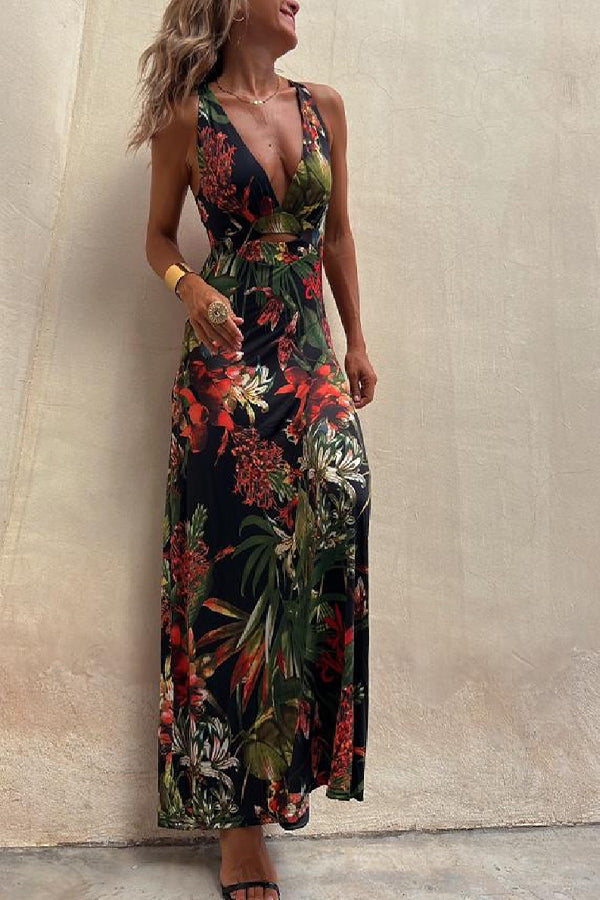 JO | RAINFOREST PARADISE TROPICAL PRINT NECKLINE BACK CROSSOVER STRETCH MAXI DRESS