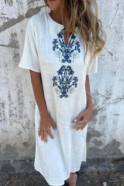 JO | Bohemian Print Linen Loose Midi Dress
