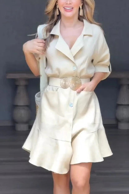 JO | Solid Color Casual Lapel Bag Ruffle Loose Mini Dress