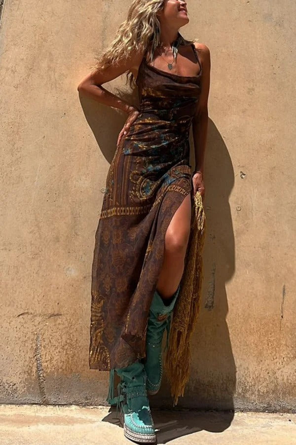JO | Gypsy Style Unique Print Cowl Neck Back Lace Up Slit Midi Dress