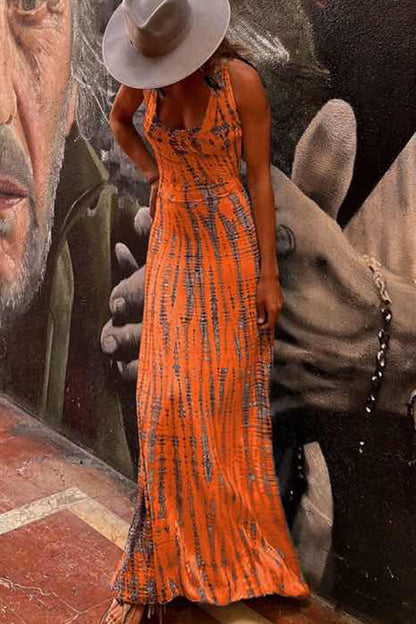 JO | Modern Day Tie-dye Print Back Lace-up Stretch Maxi Dress