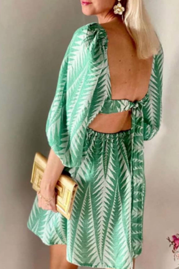 JO | summer green linen blend ethnic print balloon sleeves back lace-up mini dress