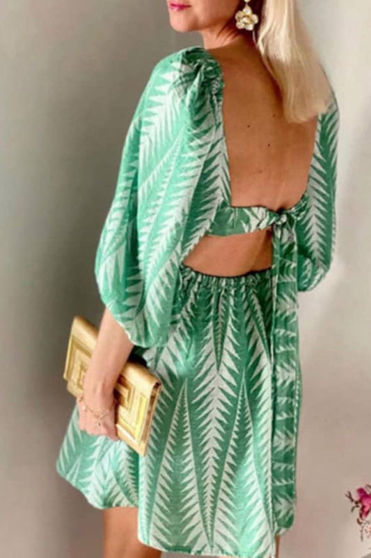 JO | summer green linen blend ethnic print balloon sleeves back lace-up mini dress
