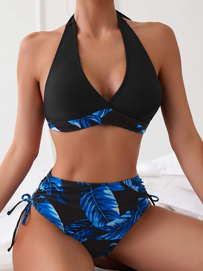 JO | Stylish tropical leaf print halter bikini