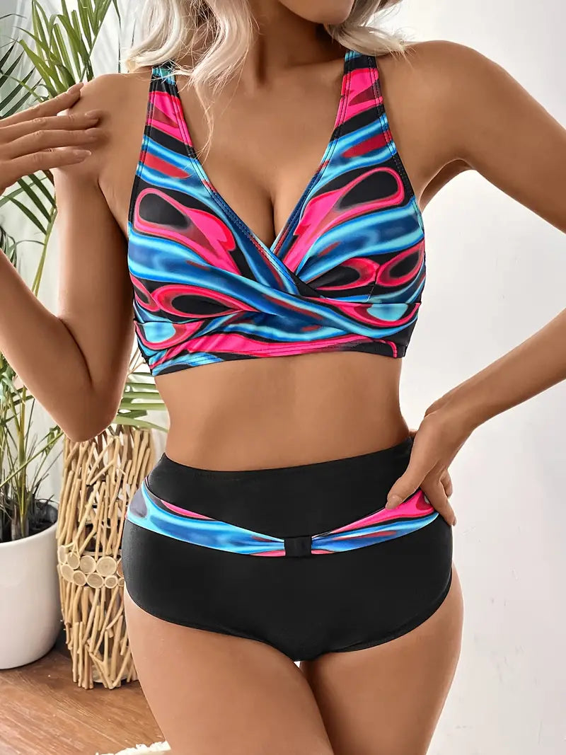 JO | Fashionable and chic random print V-neck bikini
