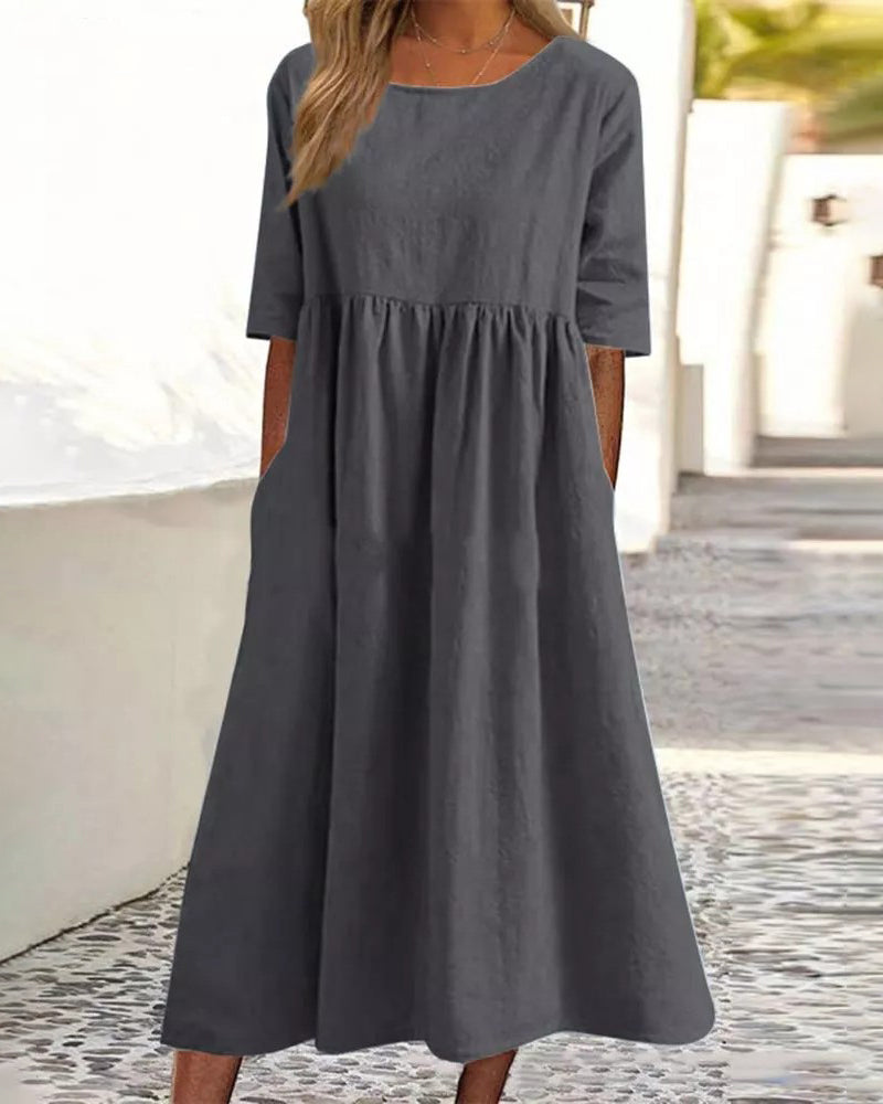 JO | Beach Short Sleeve Round Neck Ruffle Swing Casual Boho Midi Dress with Pockets