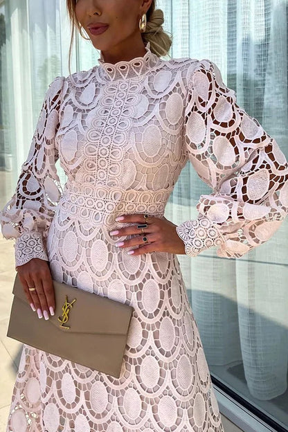 JO | Romantic, Sensual and Elegant Crochet Lace Lantern Sleeve Party Midi Dress