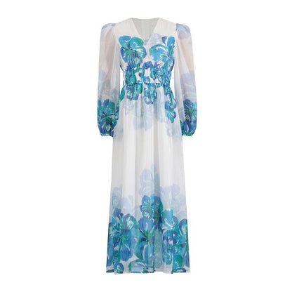 JO | Women's midi dress - V-neck - Smocked waist - Long sleeves - Light, elegant fit