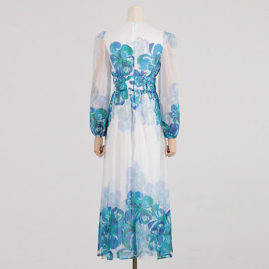 JO | Women's midi dress - V-neck - Smocked waist - Long sleeves - Light, elegant fit