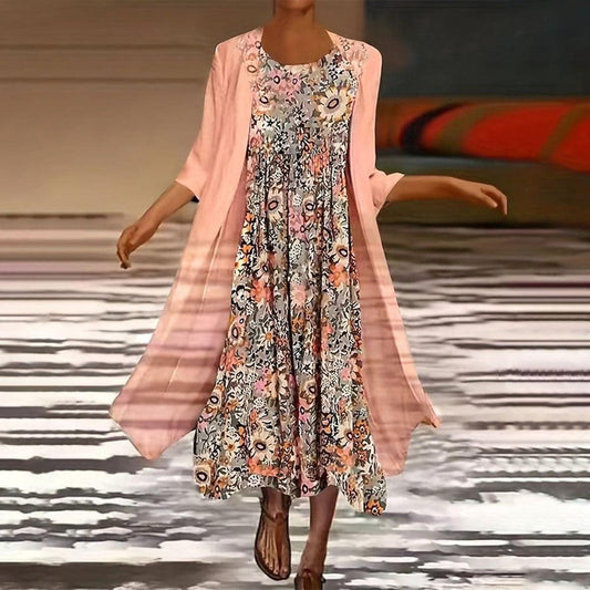 JO | Pink midi dress with outerwear