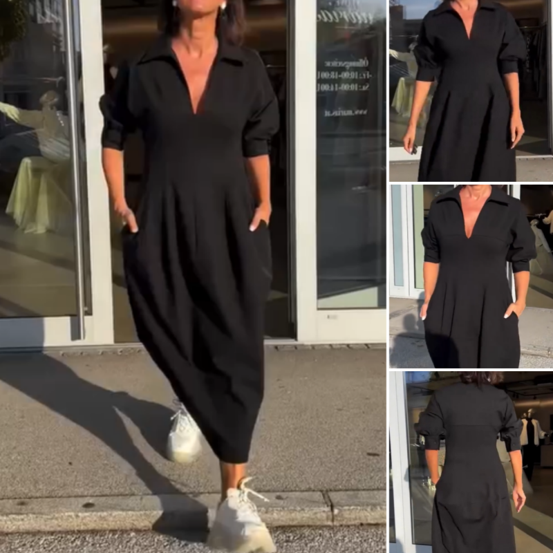 JO | Elegant midi dress with lapel and V-neckline