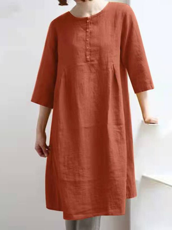 JO | Retro Cotton Linen Solid Pleated Half Sleeve Mini Dress