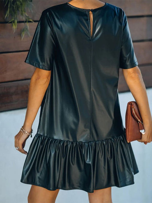 JO | Ruffled faux leather mini dress with short sleeves