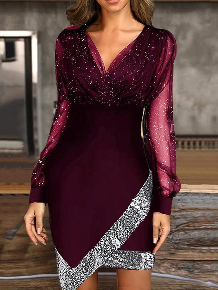 JO | V-neck Irregular mesh panel mini dress
