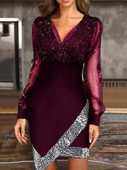 JO | V-neck Irregular mesh panel mini dress